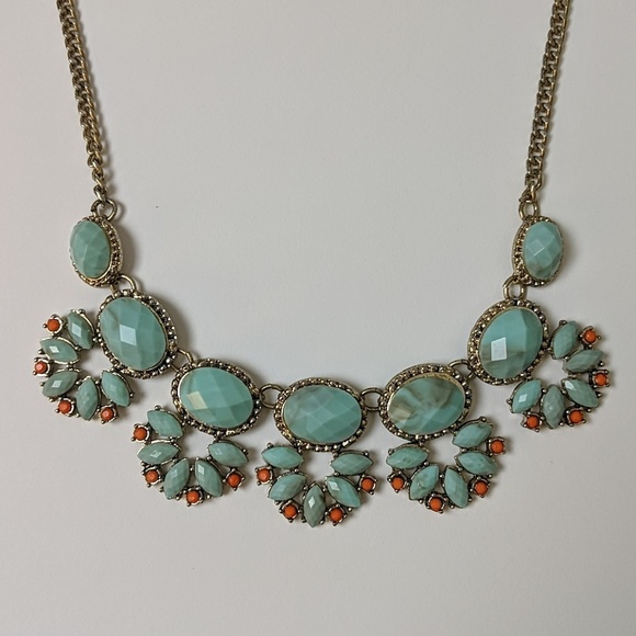 Faux Turquoise Gold Orange Statement Necklace - Picture 3 of 7